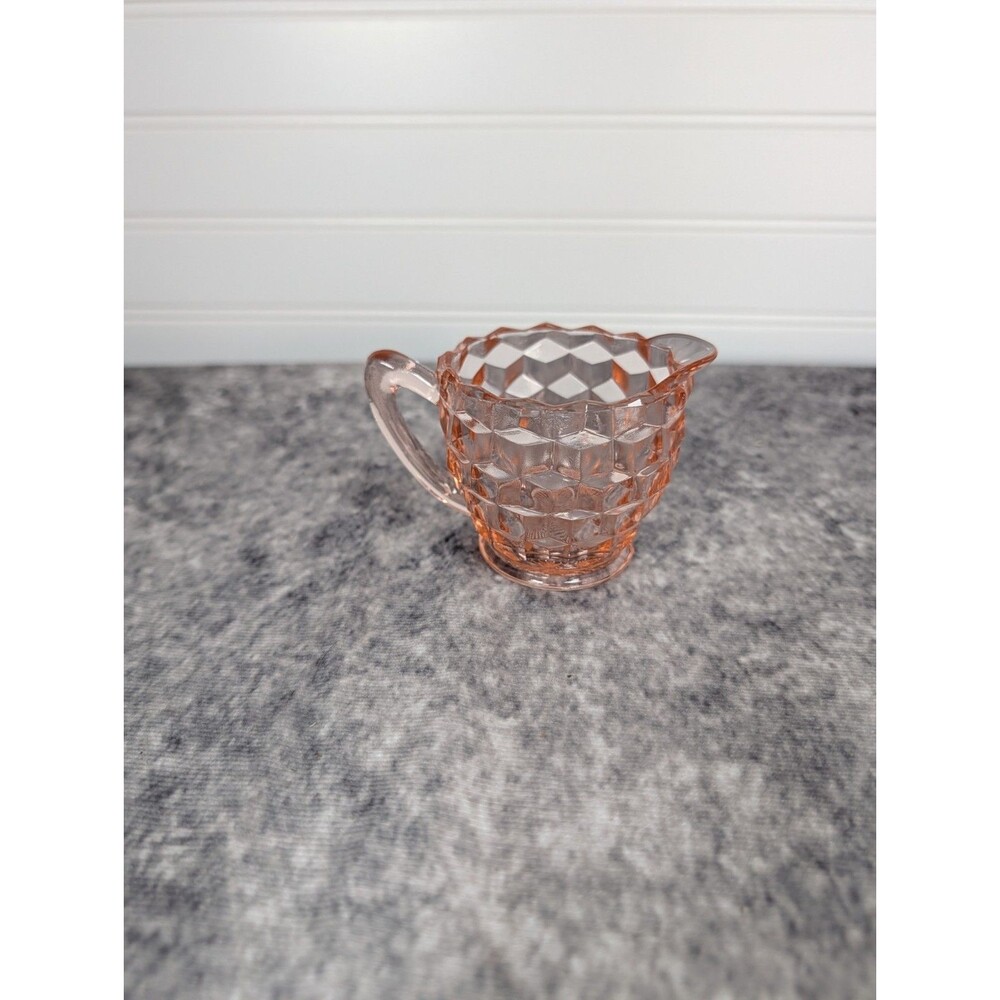 Vintage Jeannette Glass Creamer Pink Cube Cubist Pattern Depression Era 1929-33